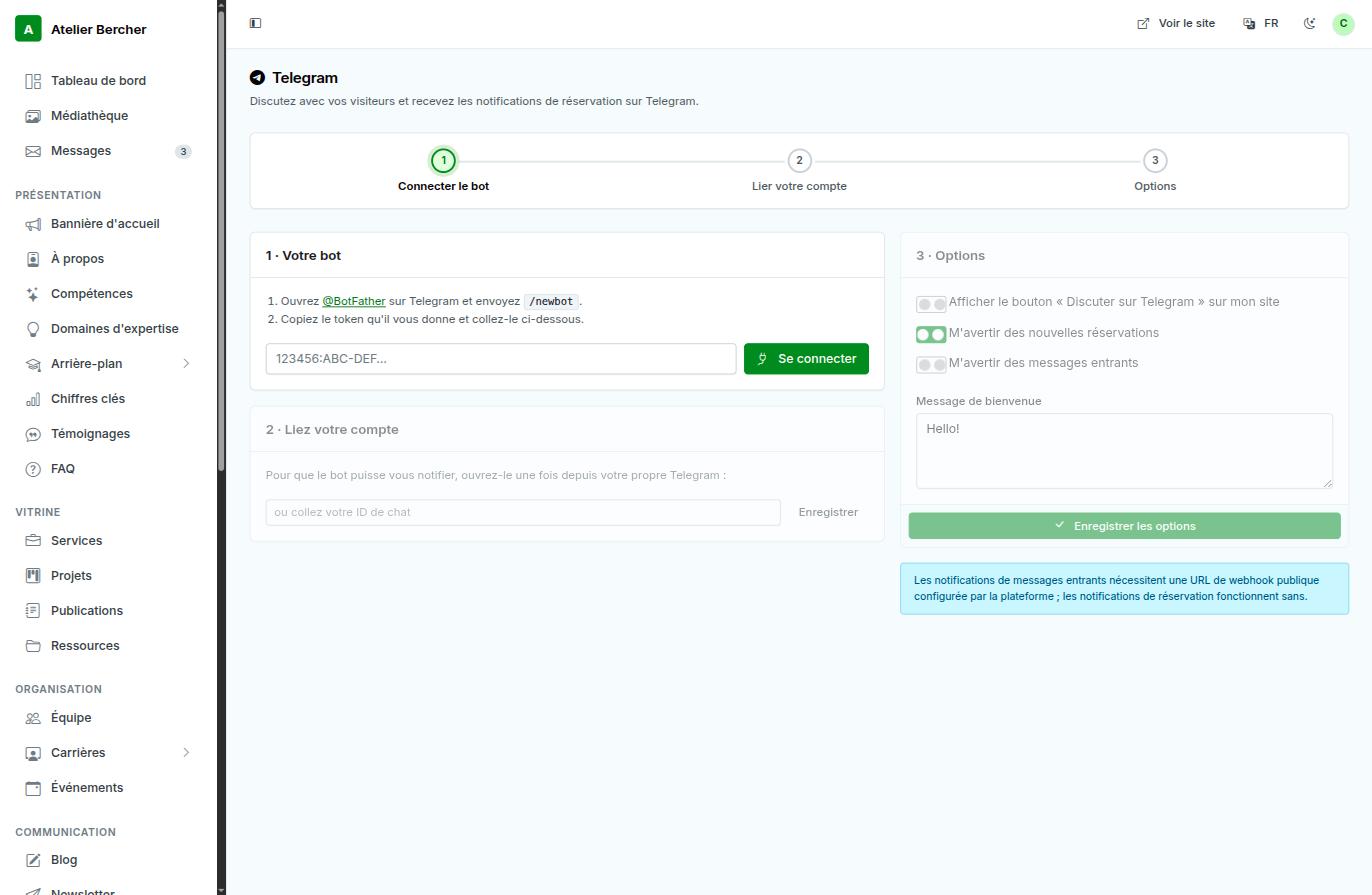 La schermata Telegram: tre passi — collegare il bot, collegare il tuo account, opzioni.